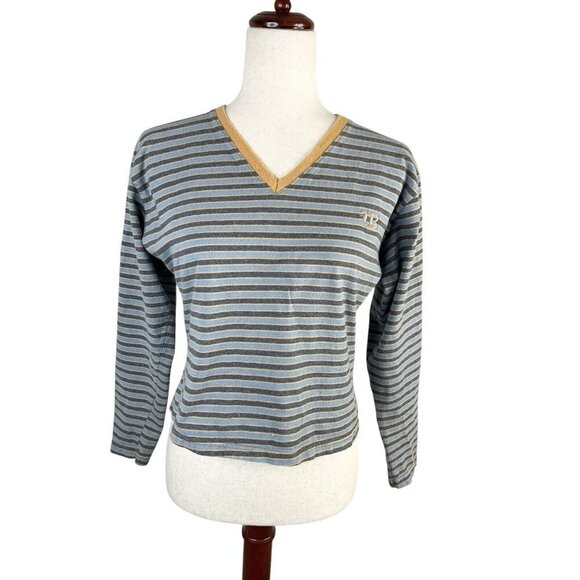 Vintage Y2k 90's UnionBay Striped Shirt Tee Long Sleeve Crop Large Women Grunge - Picture 1 of 10